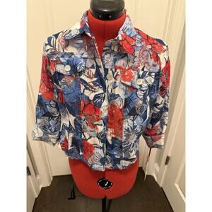 NWT Ruby Rd Petite 6P Floral Button Front Jacket Blue Red Lightweight